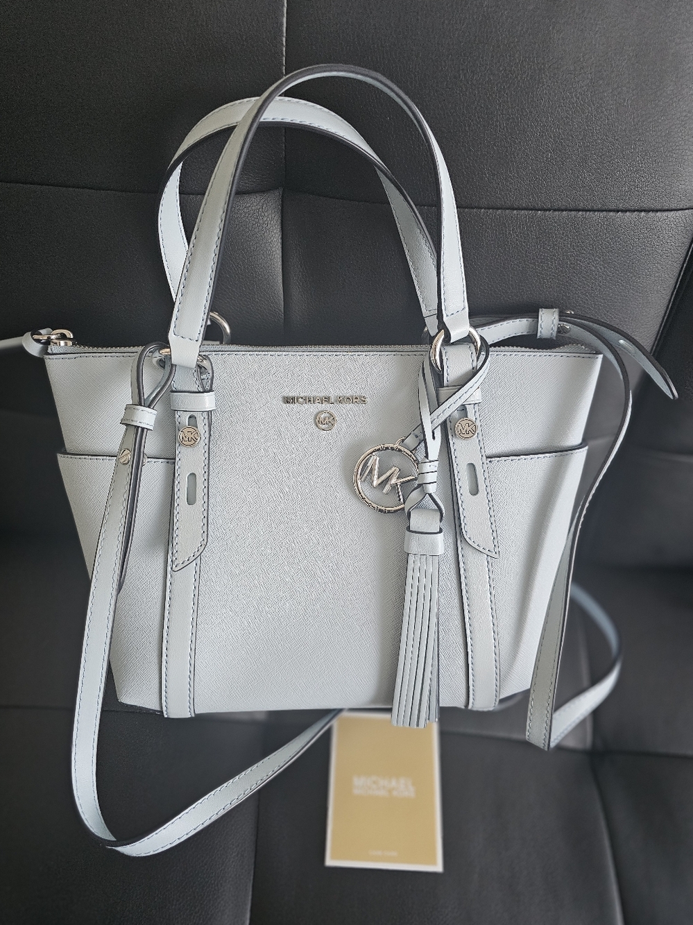 Authentic Michael Kors Light Blue Leather Saffiano Tote with Tassel